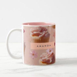 Personalised Cute Pink Cupcake Pattern Two-Tone Coffee Mug