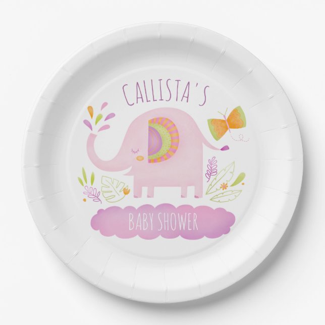 Personalised Cute Pink Elephant Baby Shower Paper Plate (Front)