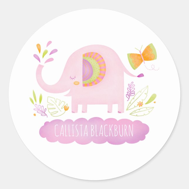 Personalised Cute Pink Elephant Sticker (Front)