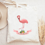 Personalised Cute Pink Flamingo  Tote Bag<br><div class="desc">This cute tote bag features an illustration of a pink flamingo with neck curved and one leg raised,  over a pink banner decorated with tropical foliage. Personalise it to create a one-of-a-kind gift to a girl who loves flamingos--or as a bridesmaid gift bag for a tropical themed wedding!</div>