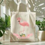 Personalised Cute Pink Flamingo  Tote Bag<br><div class="desc">This cute tote bag features an illustration of a pink flamingo with neck curved and one leg raised,  over a pink banner decorated with tropical foliage. Personalise it to create a one-of-a-kind gift to a girl who loves flamingos--or as a bridesmaid gift bag for a tropical themed wedding!</div>