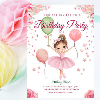 Personalised Cute Pink Floral Ballerina Birthday Invitation