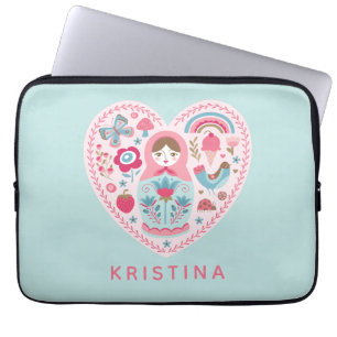 Personalised Cute Pink Heart Nesting Doll Laptop Sleeve