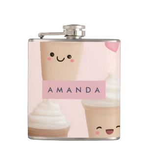 Personalised Cute Pink Kawaii Coffee Cup Hip Flask