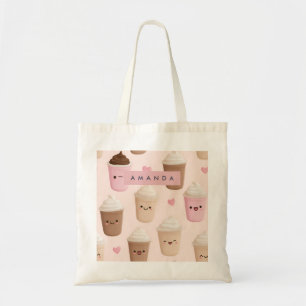 Personalised Cute Pink Kawaii Coffee Cup Tote Bag