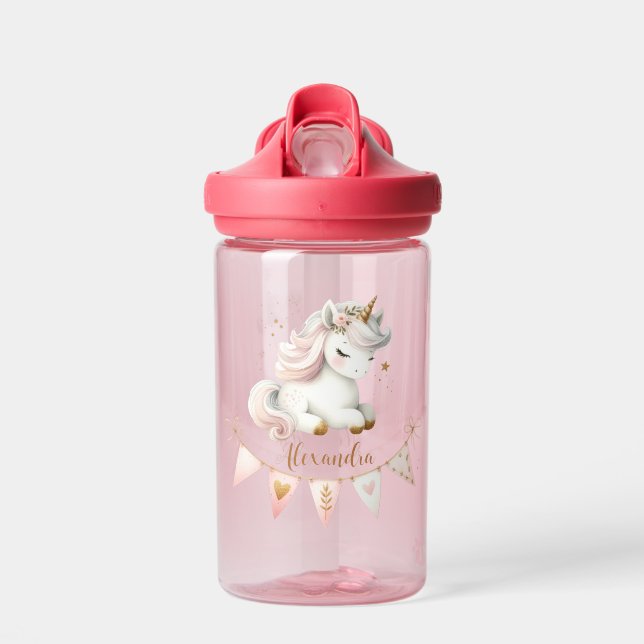 Personalised Cute Pink Kids Unicorn Water Bottle (Front)