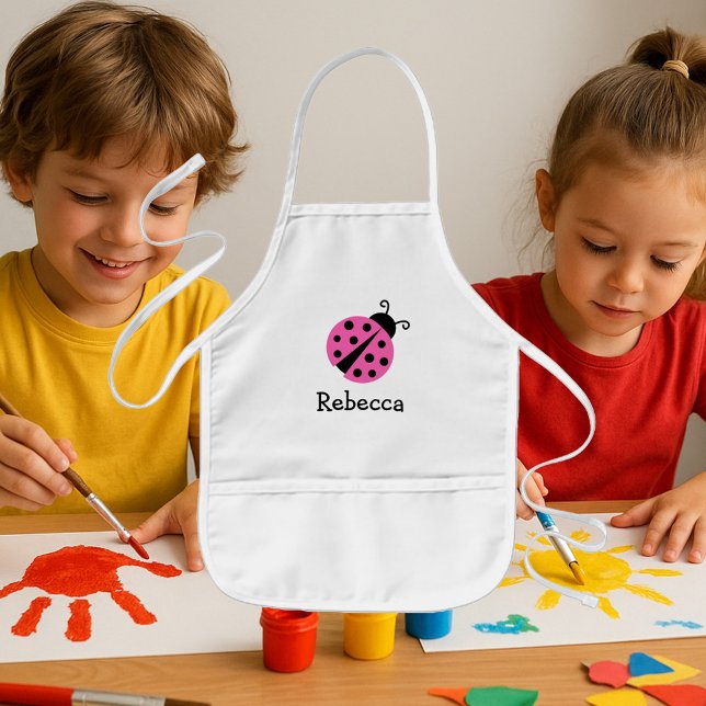 Personalised cute pink ladybug aprons for kids (Kid's apron for arts and crafts. Cute ladybug design.)