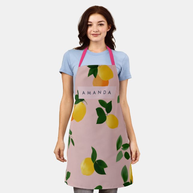 Personalised Cute Pink Lemon Fruits Orange Apron (Worn)