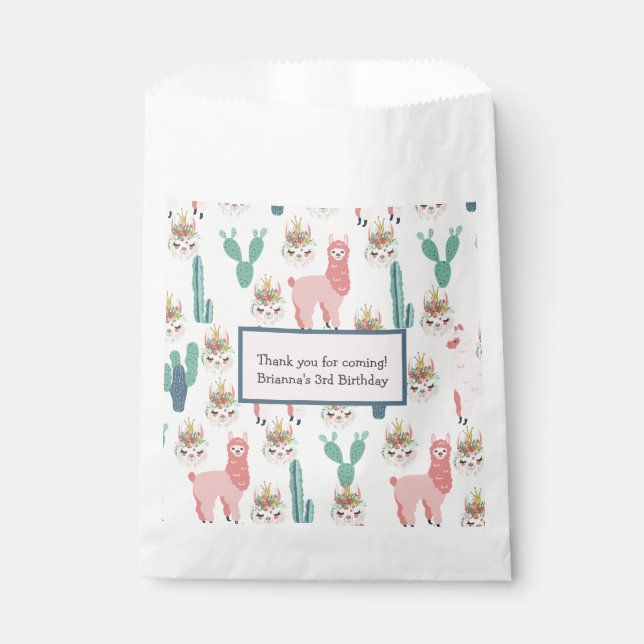 Personalised Cute Pink Llama's and Green Cactus  Favour Bag (Front)