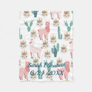 Personalised Cute Pink Llama's and Green Cactus Fleece Blanket