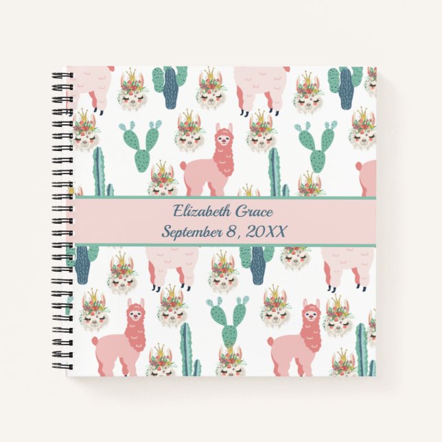Personalised Cute Pink Llama's and Green Cactus  Notebook (Front)