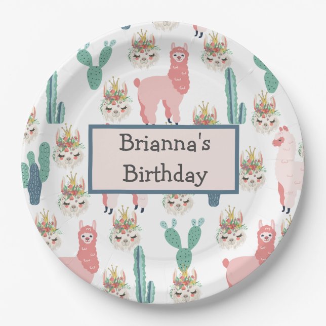 Personalised Cute Pink Llama's and Green Cactus  Paper Plate (Front)