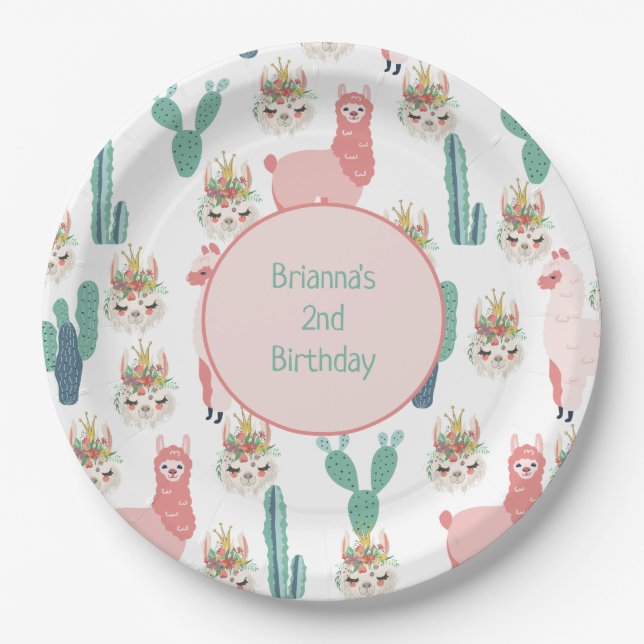 Personalised Cute Pink Llama's and Green Cactus Paper Plate (Front)