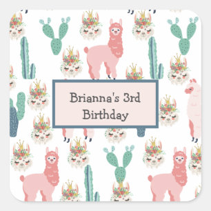Personalised Cute Pink Llama's and Green Cactus Square Sticker