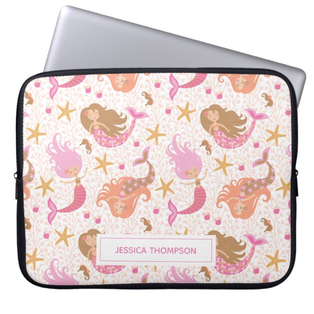 Personalised Cute Pink Mermaid Laptop Sleeve (Front)