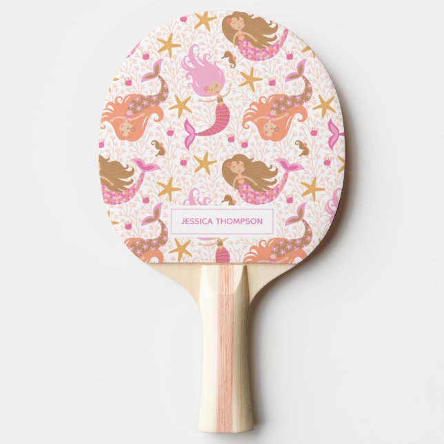Personalised Cute Pink Mermaid Ping Pong Paddle (Front)