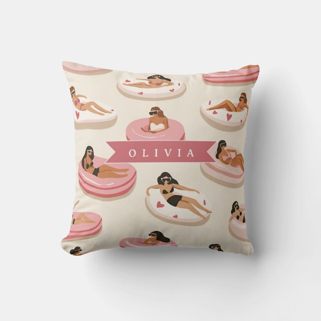 Personalised Cute Pink Pool Float Summer Aesthetic Cushion (Front)