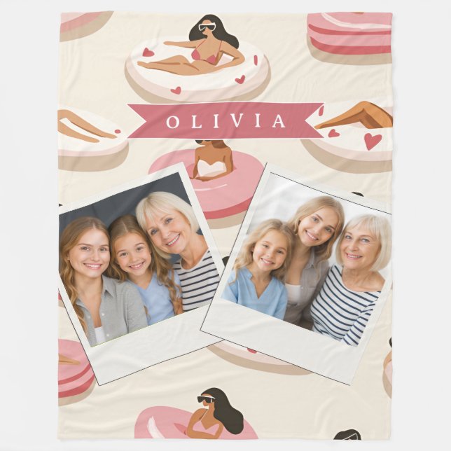 Personalised Cute Pink Pool Float Summer Aesthetic Fleece Blanket (Front)
