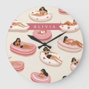 Personalised Cute Pink Pool Float Summer Aesthetic Large Clock