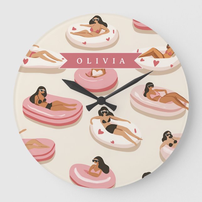 Personalised Cute Pink Pool Float Summer Aesthetic Large Clock (Front)