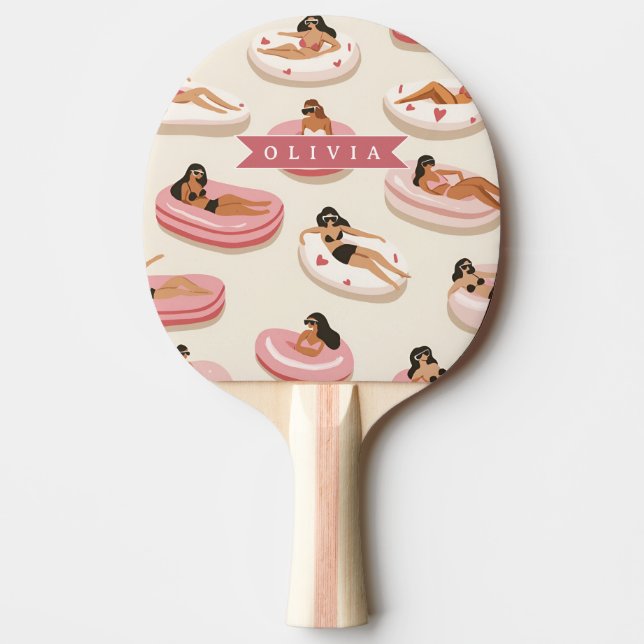 Personalised Cute Pink Pool Float Summer Aesthetic Ping Pong Paddle (Front)