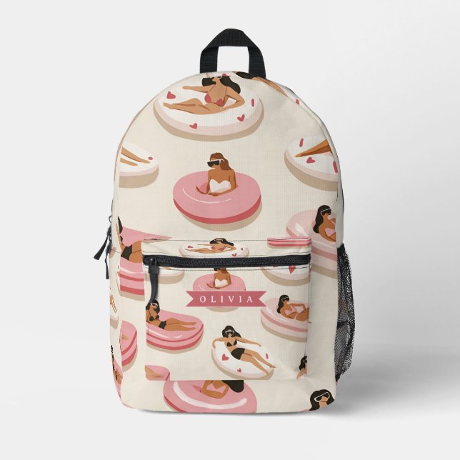 Personalised Cute Pink Pool Float Summer Aesthetic Printed Backpack (Front)