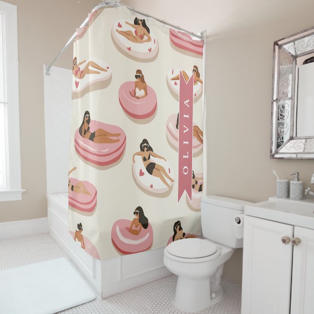 Personalised Cute Pink Pool Float Summer Aesthetic Shower Curtain (In Situ)