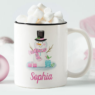 Personalised Cute Pink Snowman Two-Tone Coffee Mug