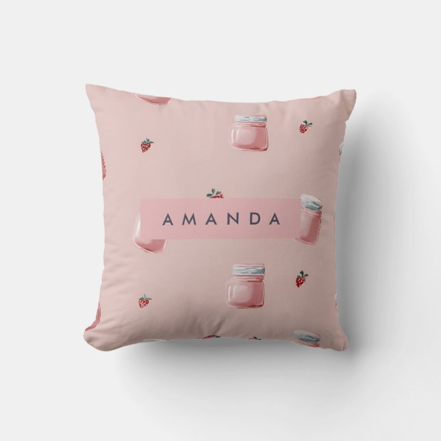 Personalised Cute Pink Strawberry Jar Pattern Cushion (Front)