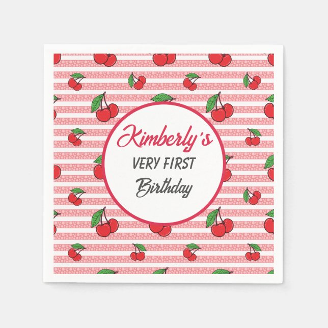 Personalised Cute Pink Stripes with Cherries Napkin (Front)