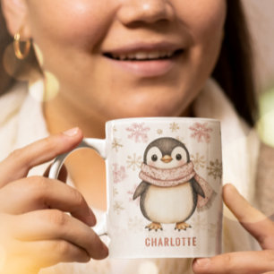 Personalised Cute Pink Winter Penguin Christmas Coffee Mug