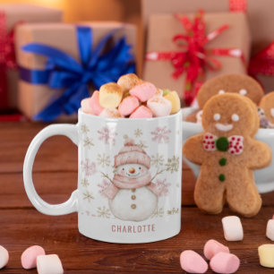Personalised Cute Pink Winter Snowman Christmas Coffee Mug