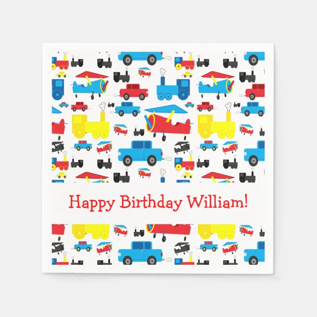 Personalised Cute Planes, Trains and Cars Birthday Napkin (Front)