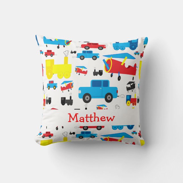Personalised Cute Planes, Trains and Cars Collage Cushion (Front)