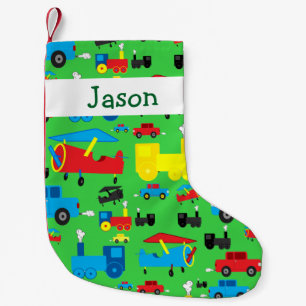 Personalised Cute Planes, Trains and Cars Pattern Small Christmas Stocking