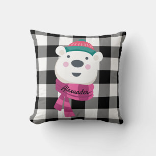 Personalised Cute Polar Bear Black White Gingham Cushion