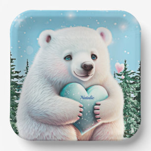 Personalised cute Polar Bear in snow with Heart   Paper Plate