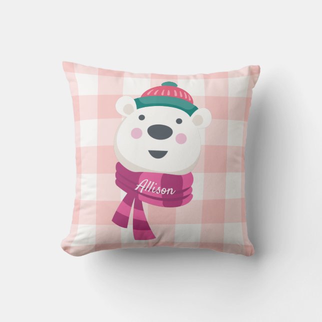 Personalised Cute Polar Bear Pink Gingham Holiday Cushion (Front)