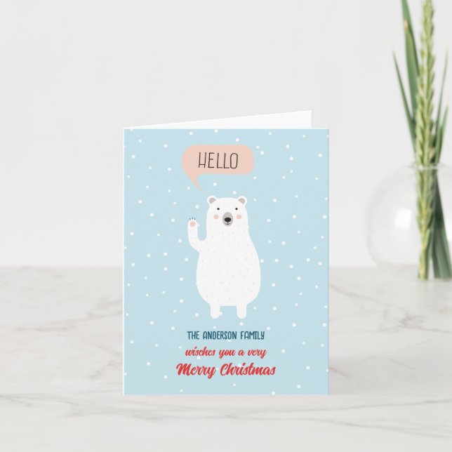 Personalised Cute Polar Bear says Hello Holiday Card (Front)