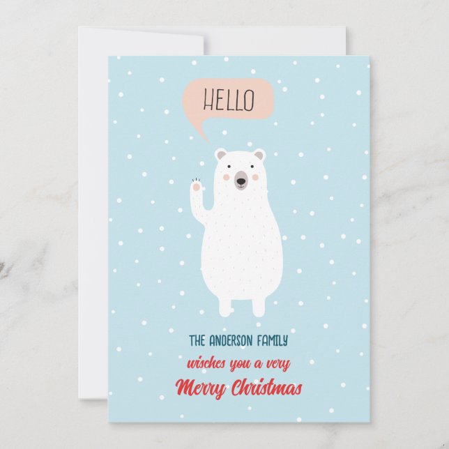 Personalised Cute Polar Bear says Hello Holiday Card (Front)