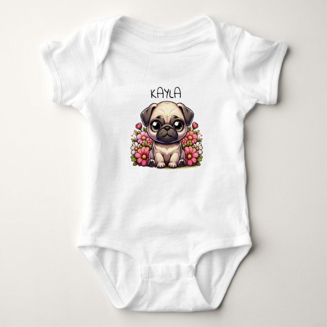 Personalised Cute Pug Puppy Dog Baby Bodysuit (Front)