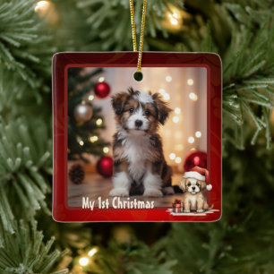 Personalised Cute Puppy Dog 1st Christmas Photo Ceramic Ornament