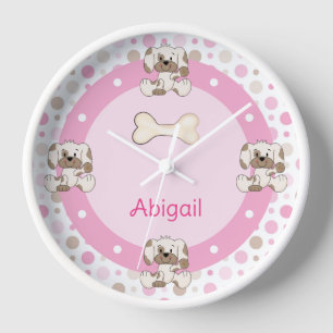 Personalised Cute Puppy Dog Pink Polk Dot Clock