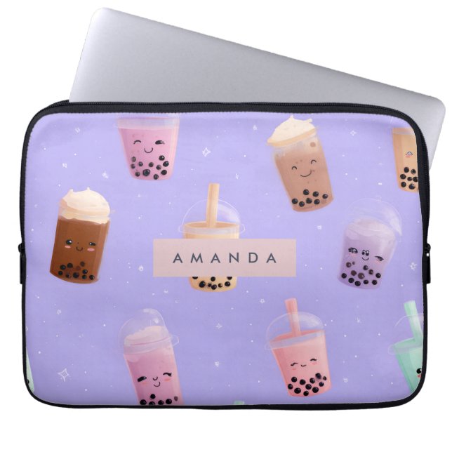 Personalised Cute Purple Pastel Bubble Tea Laptop Sleeve (Front)
