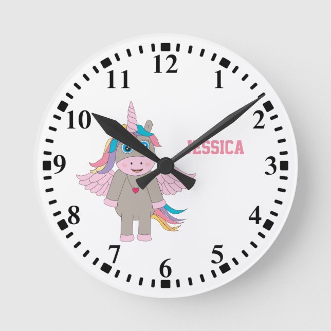Personalised Cute Rainbow Unicorn Design Round Clock (Front)