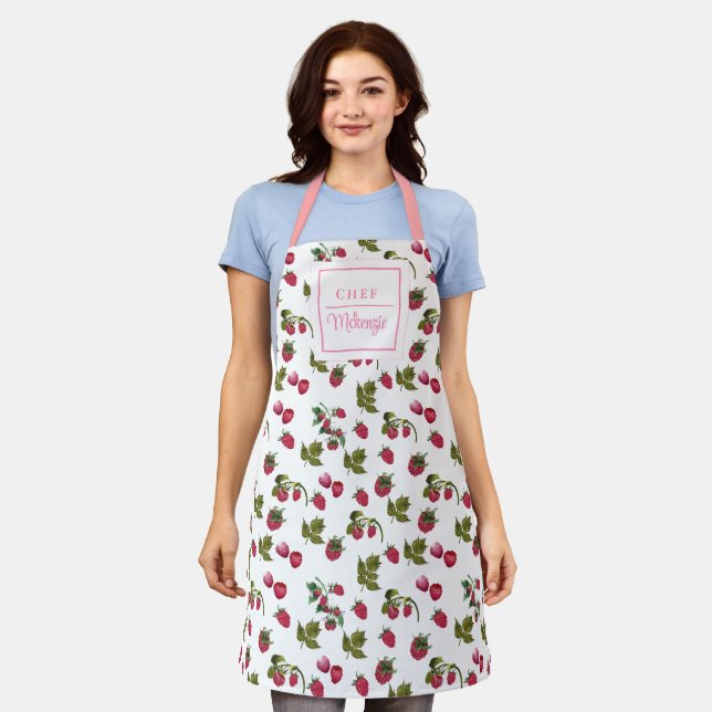 Personalised Cute Raspberry Chef Women's Apron (Worn)