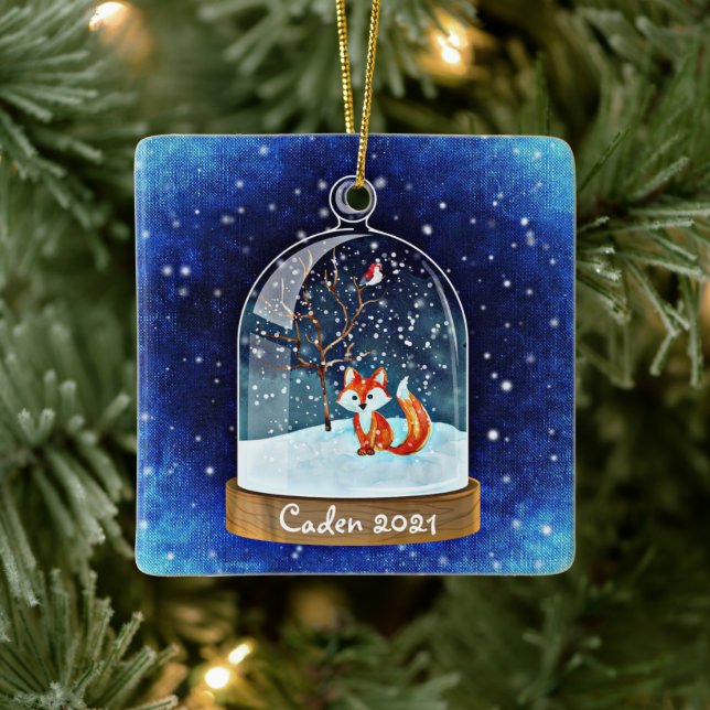 Personalised Cute Red Fox in Snowglobe Ceramic Ornament (Tree)