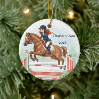Personalised Cute Red Hair Girl Horse Jumping Ceramic Ornament