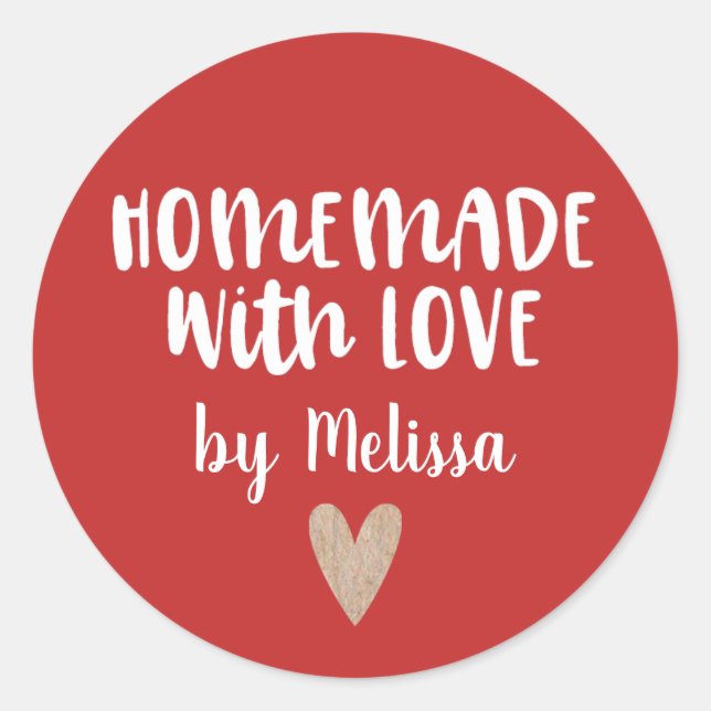 Personalised Cute Red Homemade With Love Classic Round Sticker (Front)