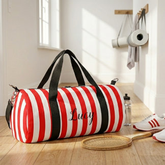 Personalised cute red white stripes vintage duffle bag
